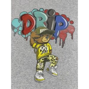 Vibes Kids XL Gray Drip Graffiti Hip Hop Bear Graphic T-Shirt Short Sleeve 90s
